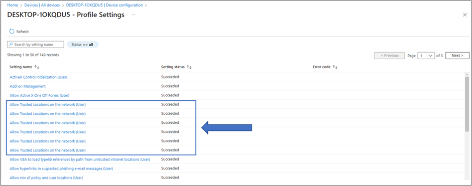 A screenshot of the reporting view for Microsoft 365 Apps for Enterprise Security Baseline in Intune.