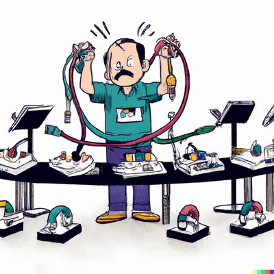DALL·E 2023-05-29 10.37.38 - in a cartoon style, a man creating a connector with surrounded by multiple prototype that didn't work..png