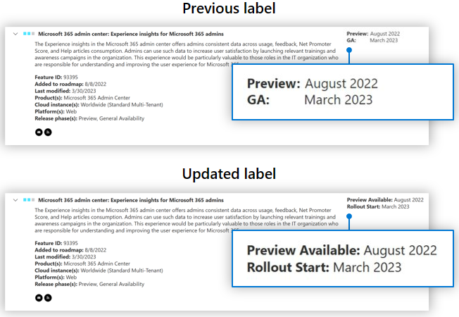 An image demonstrating the new labels for feature status availability on the Microsoft 365 Roadmap. The top image depicts the old labels, "Preview" and "GA", and the bottom image depicts the new labels, "Preview Available" and "Rollout start."