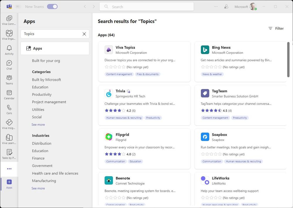 Search results for "Topics" within Microsoft Teams Apps shows the Viva Topics app you can Open or Add to the left rail of Teams.