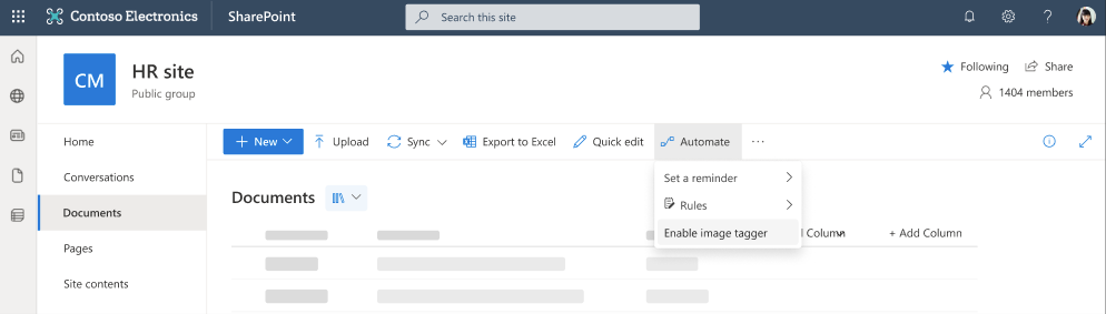 Enable the Syntex image tagger under the Automate menu for a SharePoint document library.