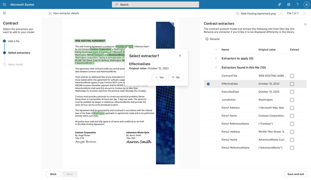 Process contracts faster with the Microsoft Syntex prebuilt model for recognizing and extracting from your contracts.