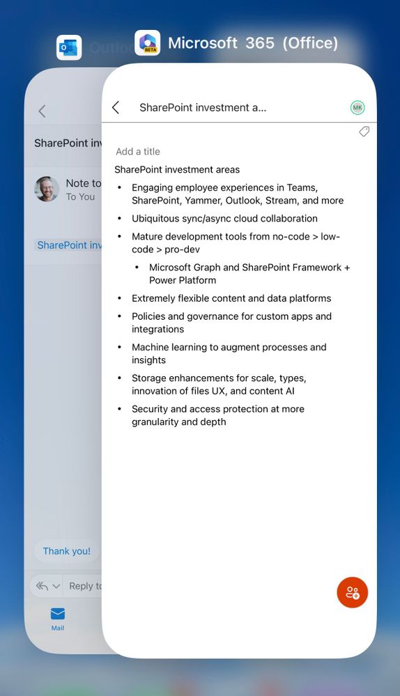 Screenshot from an iPhone showing switching from Outlook Mobile on iOS with a Loop component link that deep-link-launched the Microsoft 365 app for iOS to display the active Loop bulleted list component, “SharePoint investment areas.”