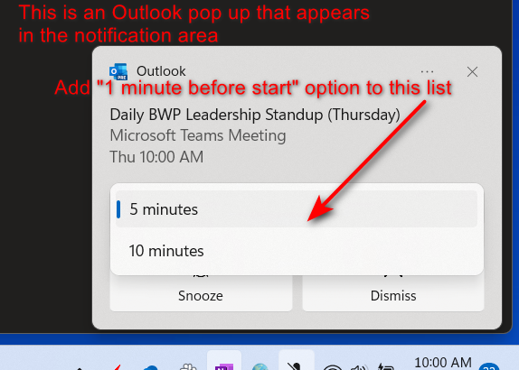 Change to Outlook pop up meeting reminder snooze