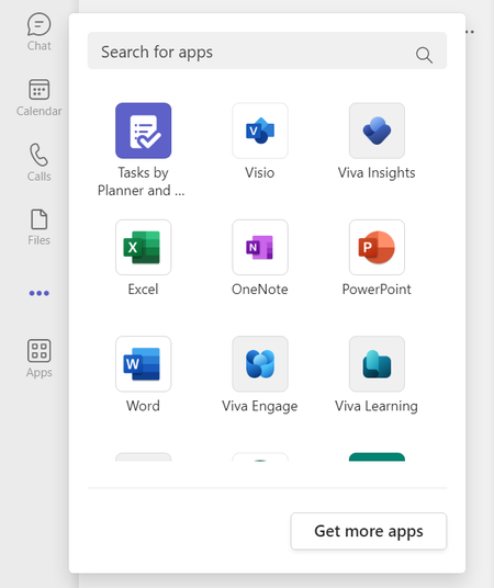 An image of the More added apps menu demonstrating where to access the Visio app in Microsoft Teams.
