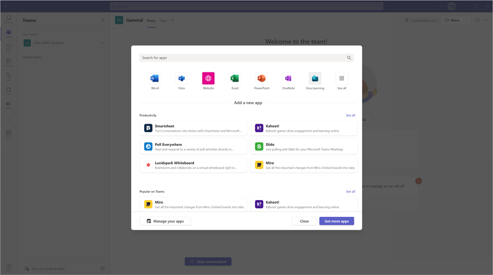 An image demonstrating the app menu that appears after selecting the plus button at the top of a channel or chat in Microsoft Teams.