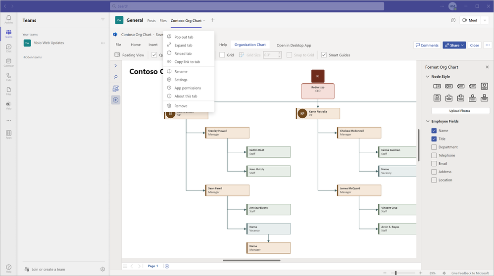 An image of a Visio file open in Microsoft Teams demonstrating a list of options available from the tab’s drop-down menu. Menu options shown: Pop out tab, Expand tab, Reload tab, Copy link to tab, Rename, Settings, App permissions, About this tab, Remove.