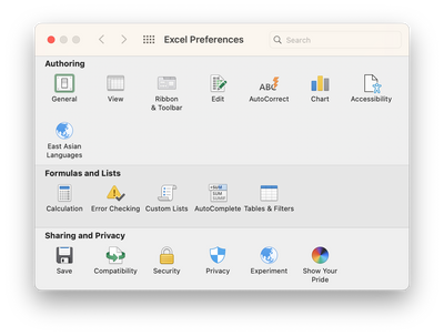 Excel Preferences dialog box