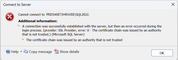 Screenshot of connection error with Force Encryption set to True, without Trust Server Certificate select in SSMS 19
