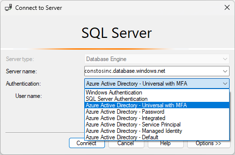 Screenshot of Authentication drop down in SSMS 19