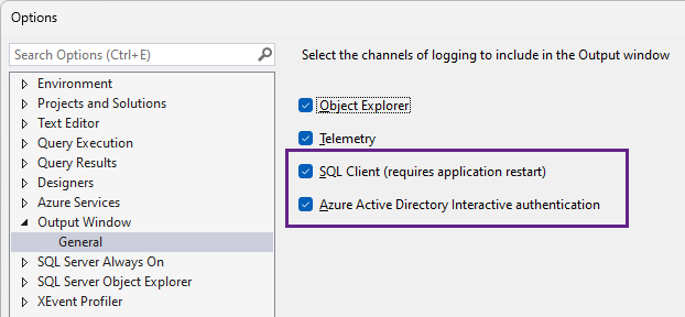 Screenshot of Output Window logging options