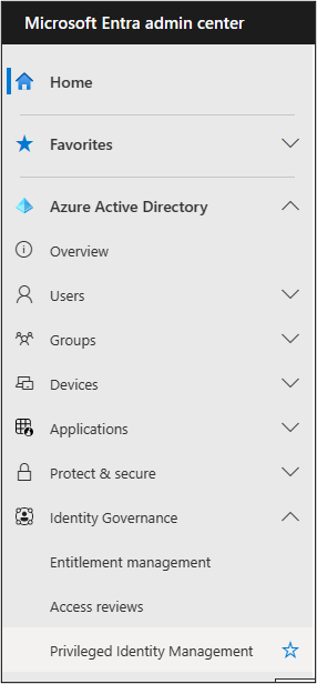A screenshot of the navigation menu in the Microsoft Entra admin center with the Privileged Identity Management option highlighted.