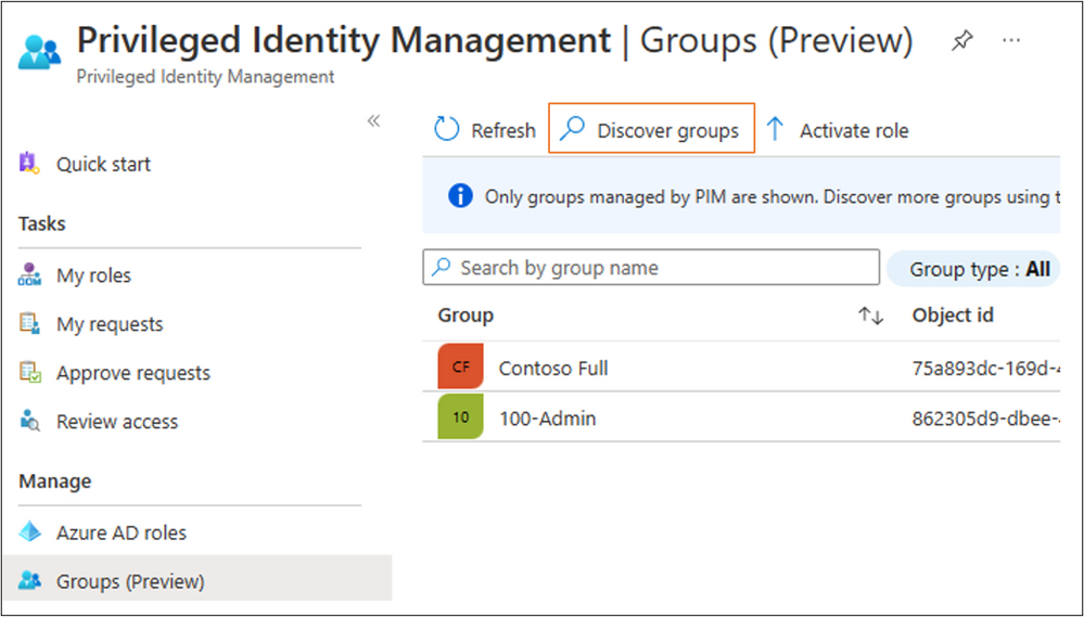 A screenshot of the Groups (Preview) page in Privileged Identity Management with the Discover groups option highlighted.