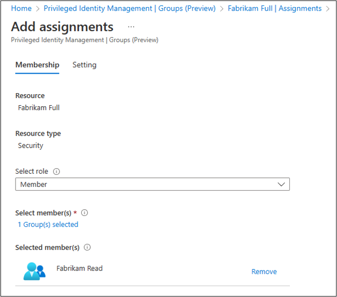 A screenshot of the Add assignments pane showing the example Fabrikam Read group selected for the Selected members option.