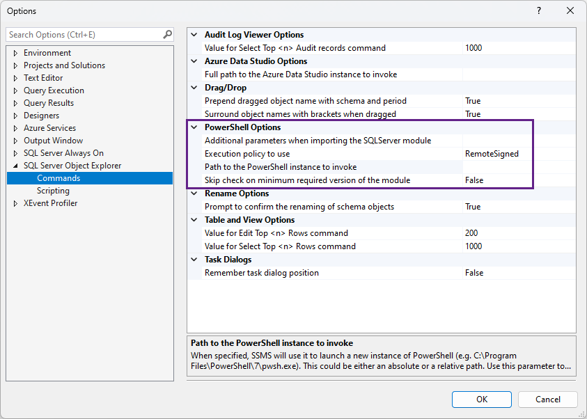 Screenshot of new PowerShell Options in SSMS 19.1
