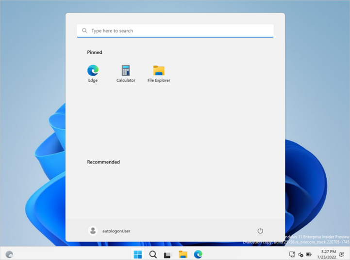 Windows 11 multi-app kiosk mode desktop, showing 3 allowed apps: Edge browser, Calculator, and File Explorer.
