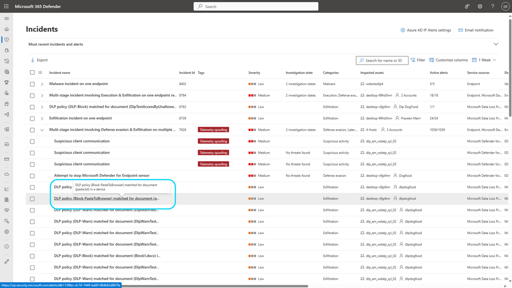 Figure 6: Admins can view the ‘Paste to Browser’ alerts in context of their security incidents in Microsoft 365 Defender portal