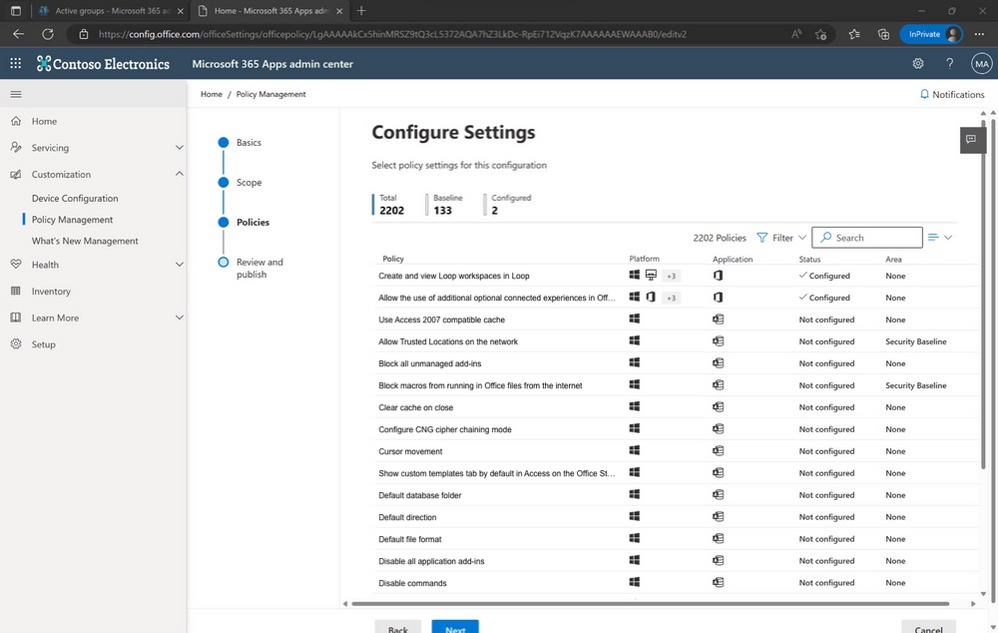 An image providing examples of policy settings available for configuration in the Microsoft 365 Apps admin center.