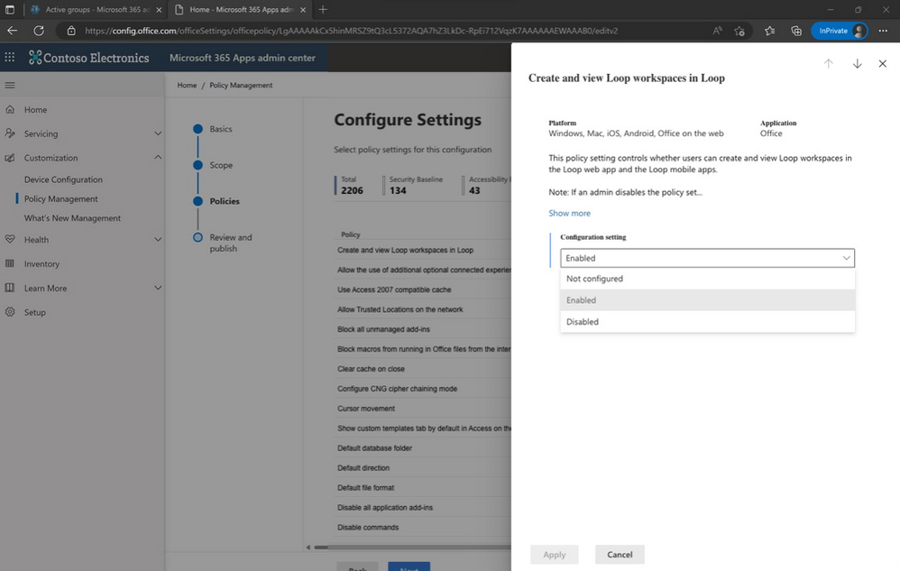 An image demonstrating drop-down menu options available for Configuration settings for the Loop files policy in the Microsoft 365 Apps admin center.