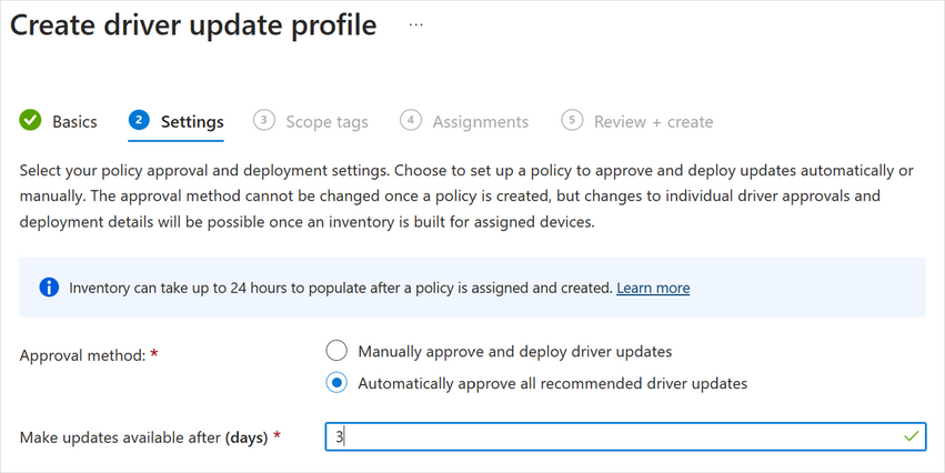 Screenshot of Intune settings to create driver update profile, with a 3-day deferral and an automatic approval method selected