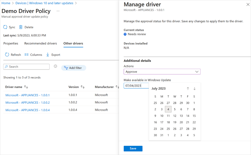 Screenshot of Recommended drivers in Intune, with the Manage driver flyout options
