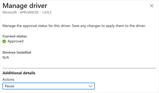 Screenshot of setting additional details to pause an update in the Manage driver flyout in Intune