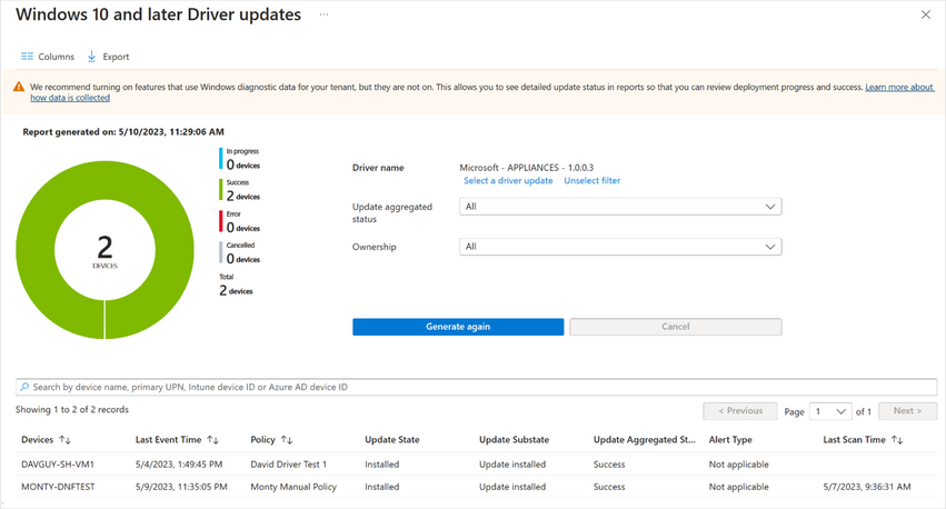 Screenshot of the Windows Driver Update report in Intune