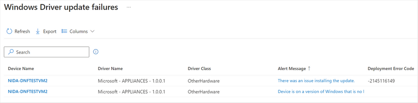 Screenshot of the Windows Driver update failures report in Intune