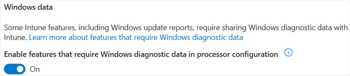 Screenshot of the Windows data toggled on to enable features that require Windows diagnostic data in process configuration in Intune