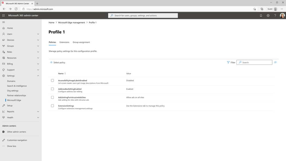 An image of the Microsoft Edge management service portal in the Microsoft 365 admin center.