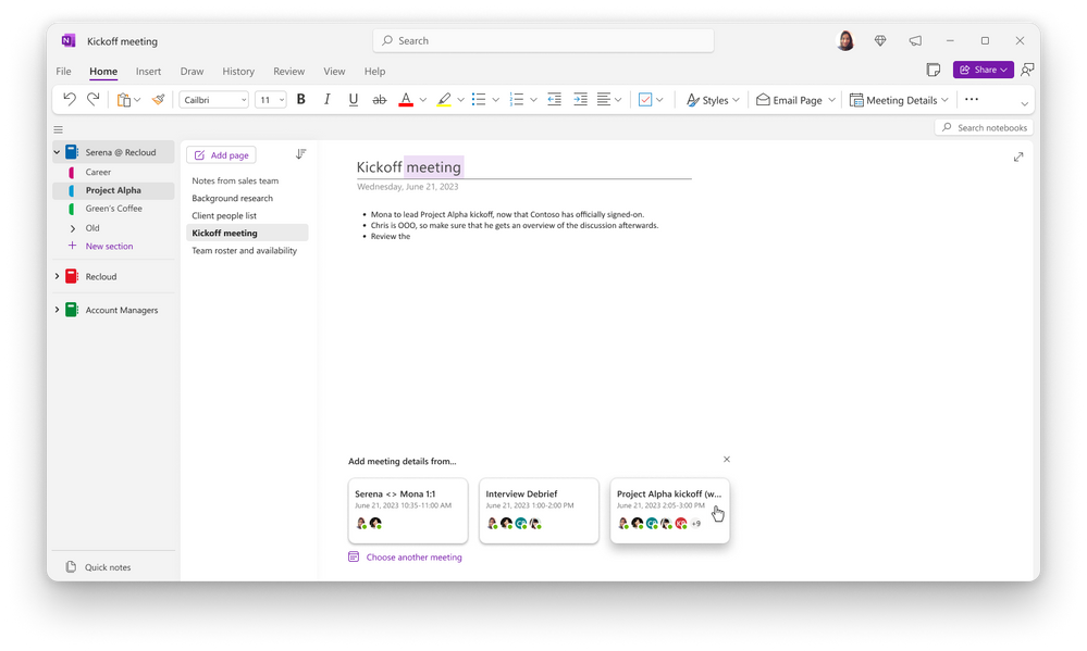 An image demonstrating Meeting Details Suggestion Cards on a OneNote page from a desktop device.