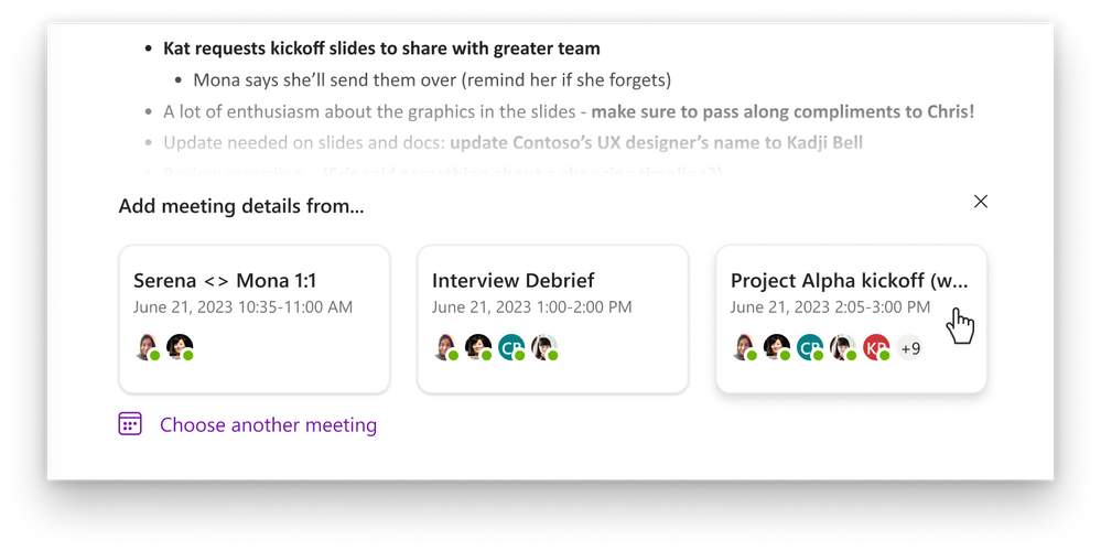 An image of the Meeting Details suggestion cards zoomed in.