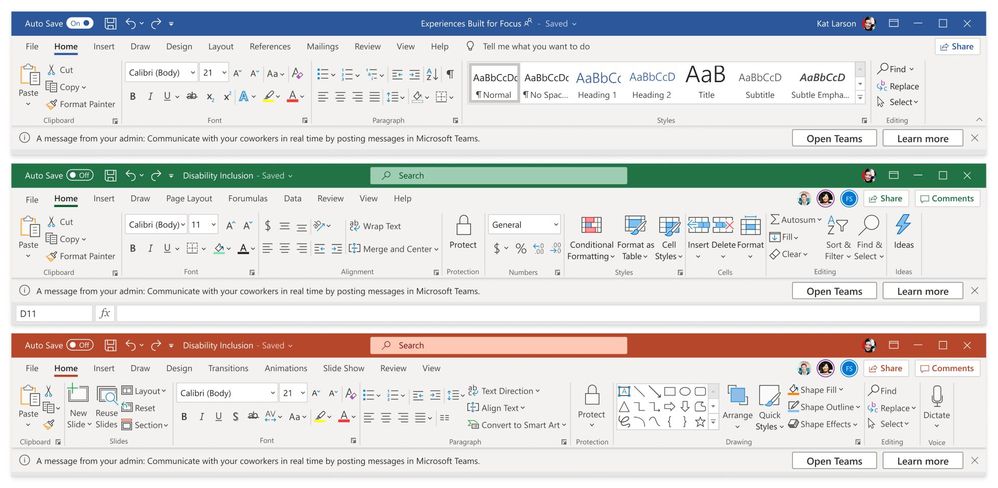 An image demonstrating how Organizational Messages appear to end users in Microsoft Word, Microsoft Excel, and Microsoft PowerPoint.