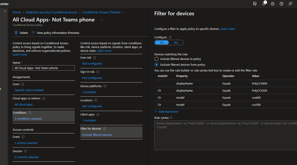 A screenshot of the Filter for devices pane allowing the admin to “configure a filter to apply policy to specific devices.”