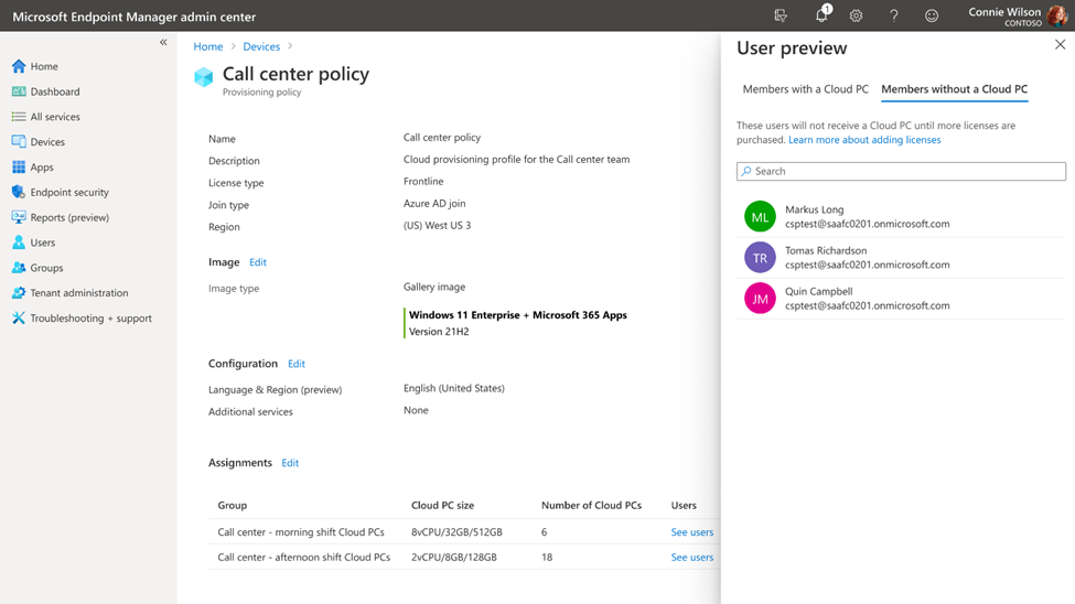 A screenshot of Microsoft Intune with Window 365 provisioning policy for Windows 365 Frontline selected after creation to view users who received Cloud PCs