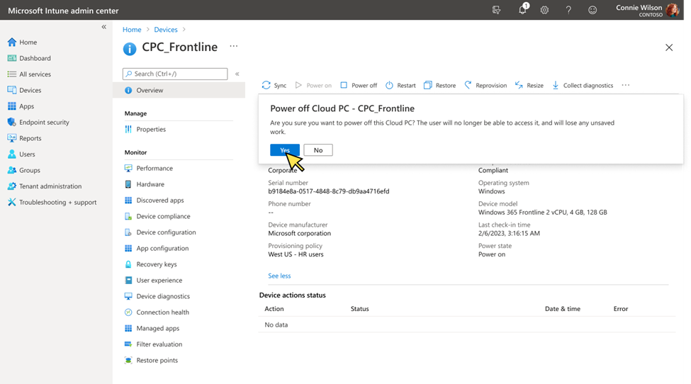 thumbnail image 4 captioned A Screenshot of the CPC_Frontline menu in the Microsoft Intune admin center, and a curser is hovering over the “Yes” in the “Power off Cloud PC – CPC_Frontline” pop-up