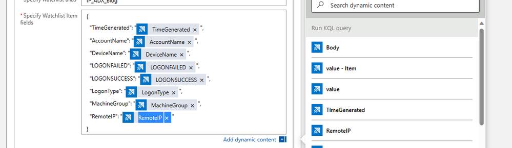 Watchlist Item Fields are available as dynamic content from the ADX KQL Query above.