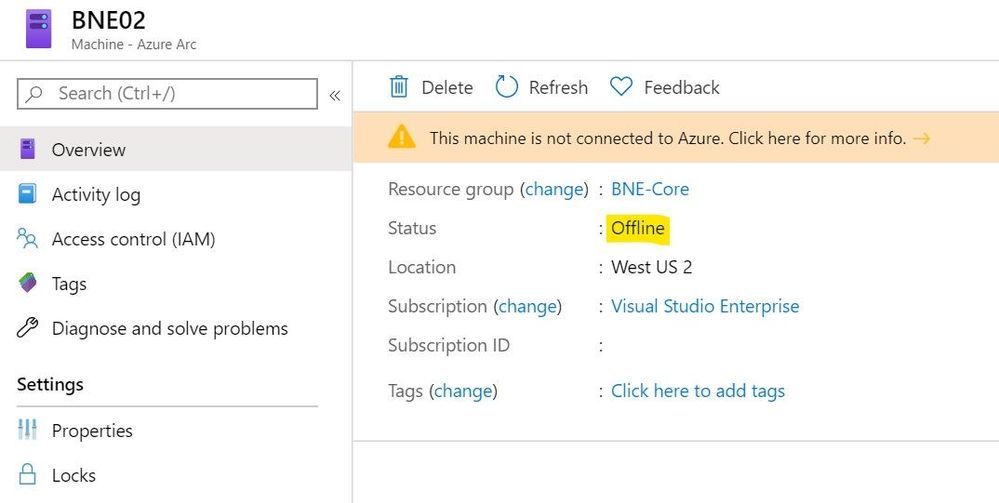 An Azur Arc-enabled server showing as Offline to Azure