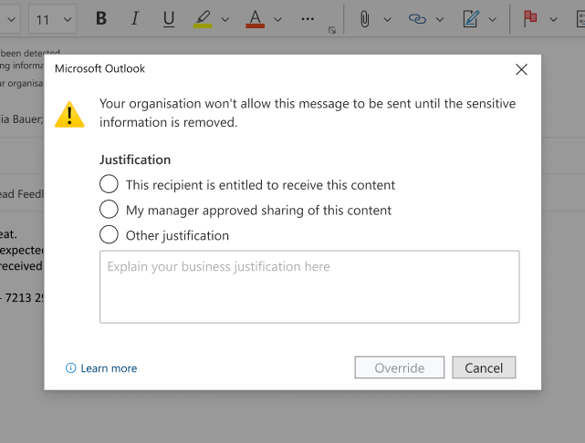 An image demonstrating how admins can configure for capturing justification in case of policy violation.