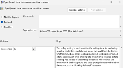 An image showing how admins can use Group policy settings to enable “Check before send” with allowing sending after wait time of 30 seconds.