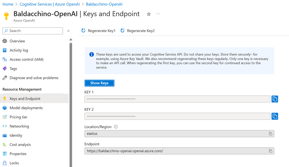Azure Open AI - Note down your end-point and keys