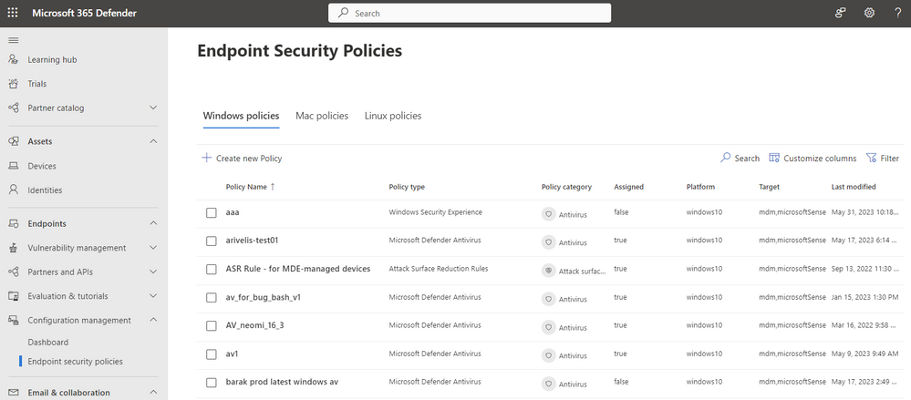 Image 1: Security policy interface in the Microsoft 365 Defender portal