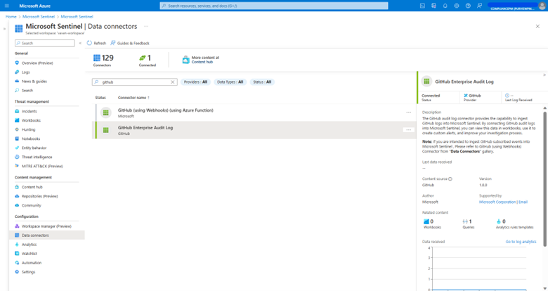 Figure 1 Admin leverages GitHub Enterprise Audit Log connector to pull GitHub audit logs and ingest them into Sentinel