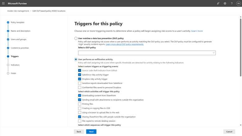 Figure 10 Admins use custom indicators as insider risk policy triggers, which will initiate risk score assignments to users who match the condition.