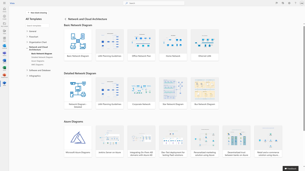 An image of the new Visio Templates page showing the available sample diagrams under the Network and Cloud Architecture category.