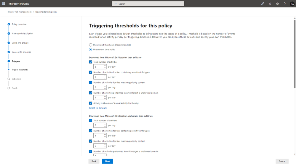 Figure 3 Security teams can create an insider risk policy using sequences as the policy trigger