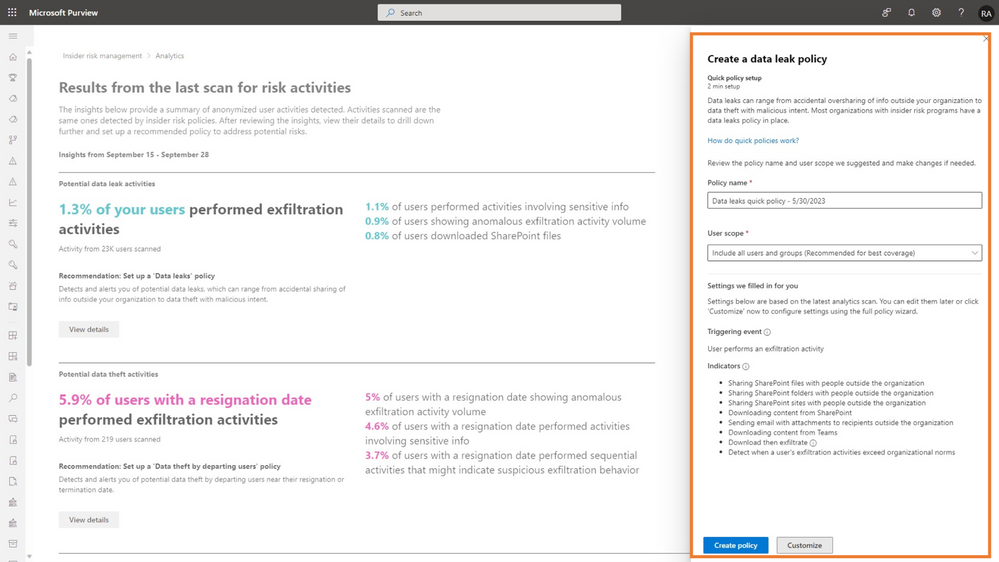 Figure 6 Admins can create a data leak policy with one click based on the aggregated insights of an organization’s insider risk posture.