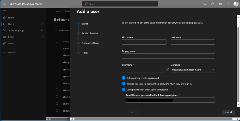 Screenshot of showing the "Add a user" page