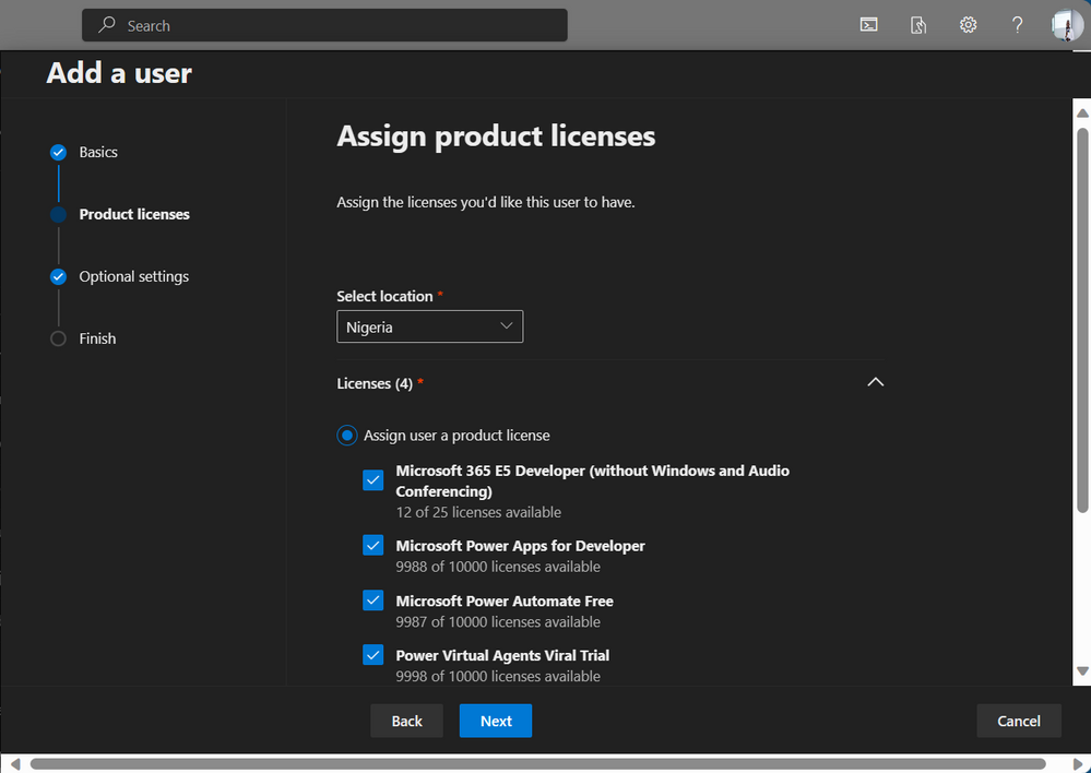 Screenshots of page to assign product licenses to a user