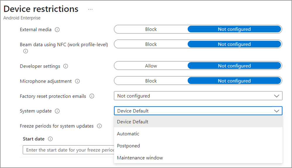 Screenshot of an Android Enterprise Device restrictions policy in Intune with the "System update" category expanded.